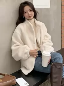 DAZY 落肩口袋贴布泰迪外套，女士冬季休闲纽扣，口袋落肩领常规版型白色纯色女式外套，休闲日常女式夹克，秋季女装