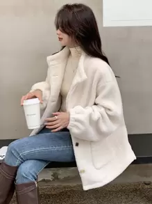 DAZY 落肩口袋贴布泰迪外套，女士冬季休闲纽扣，口袋落肩领常规版型白色纯色女式外套，休闲日常女式夹克，秋季女装