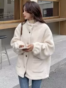 DAZY 落肩口袋贴布泰迪外套，女士冬季休闲纽扣，口袋落肩领常规版型白色纯色女式外套，休闲日常女式夹克，秋季女装