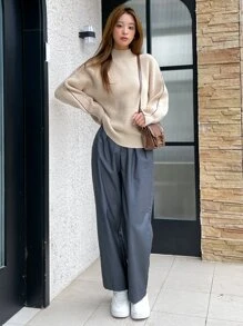 DAZY Seam Detail High Neck Drop Shoulder Jumper - Apricot - View 4