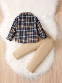Baby Boy Casual Plaid Shirt And Dinosaur Printed Pants Set, Long Sleeve, For Christmas - Multicolor - View 2
