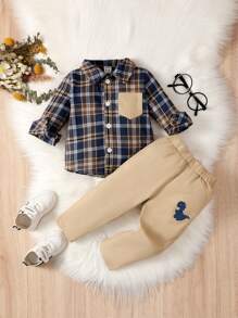 Baby Boy Casual Plaid Shirt And Dinosaur Printed Pants Set, Long Sleeve, For Christmas - Multicolor - View 3