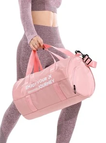 Airplane & Slogan Graphic Foldable Travel Bag - Pink - View 1