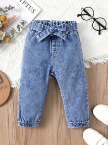 Baby Paperbag Waist Bow Front Jeans - Medium Wash - View 1
