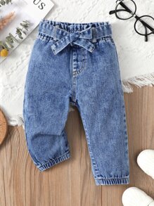Baby Paperbag Waist Bow Front Jeans - Medium Wash - View 3