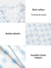 SHEIN Softness Breathable Lightweight Plaid Print Button Front Sleep Blouse