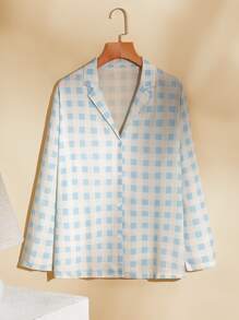 SHEIN Softness Breathable Lightweight Plaid Print Button Front Sleep Blouse