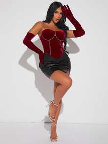 SHEIN SXY 水鑽細節不對稱下擺絲絨抹胸上衣和袖套 - 紫紅色 - 查看 3