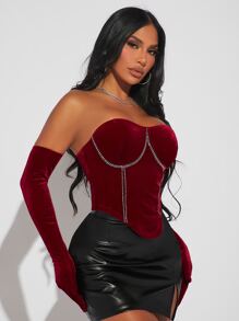 SHEIN SXY 水鑽細節不對稱下擺絲絨抹胸上衣和袖套 - 紫紅色 - 查看 4