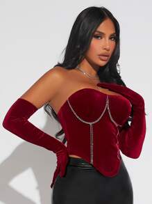 SHEIN SXY 水鑽細節不對稱下擺絲絨抹胸上衣和袖套 - 紫紅色 - 查看 5