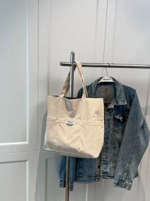 Letter Patch Decor Corduroy Shopper Bag - Beige - View 1