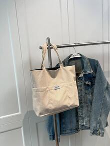 Letter Patch Decor Corduroy Shopper Bag - Beige - View 2