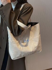Letter Patch Decor Corduroy Shopper Bag - Beige - View 4