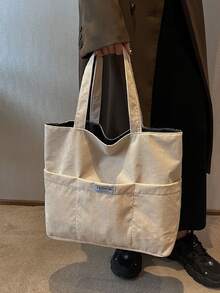 Letter Patch Decor Corduroy Shopper Bag - Beige - View 5