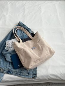 Letter Patch Decor Corduroy Shopper Bag - Beige - View 6