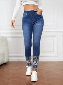 SHEIN LUNE High Waist Geo Print Skinny Jeans - Dark Wash - View 1