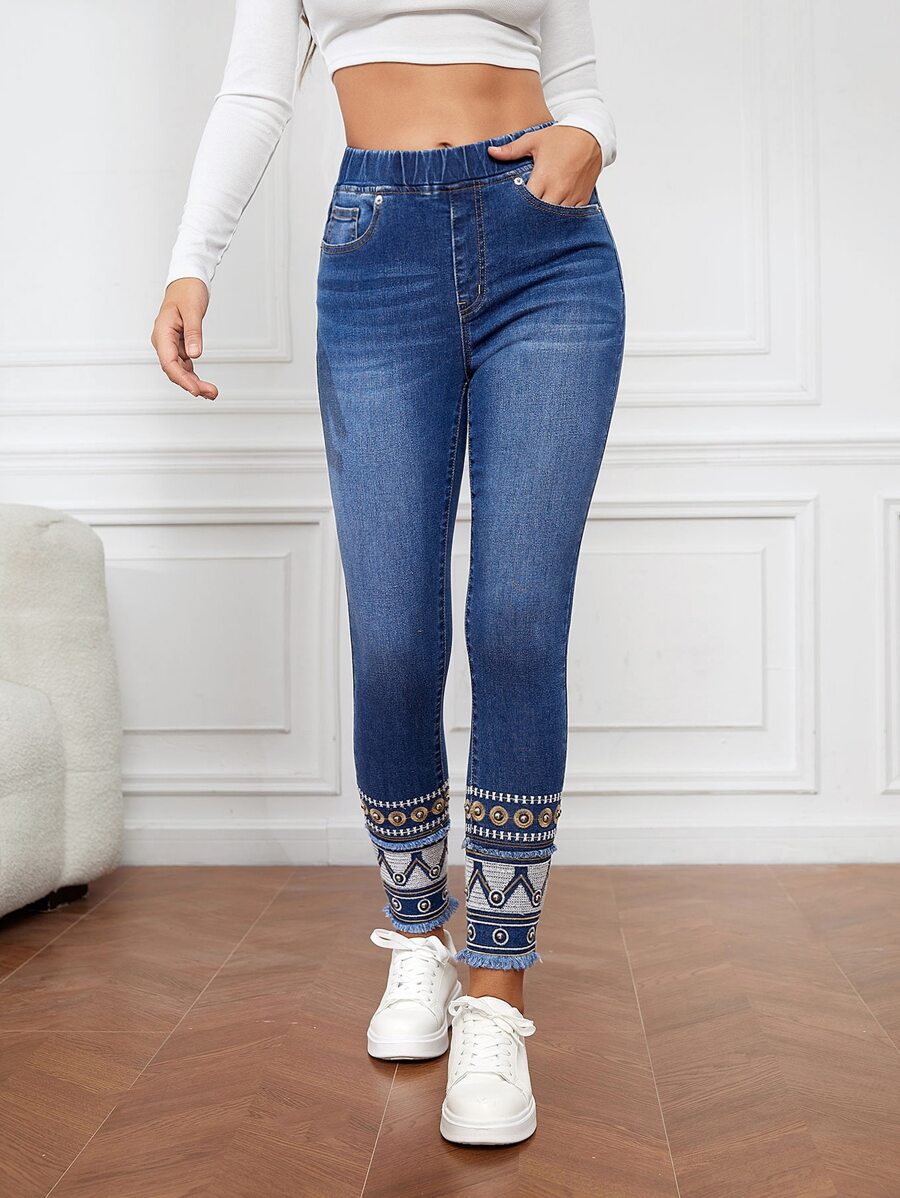 SHEIN LUNE High Waist Geo Print Skinny Jeans - Dark Wash - View 1