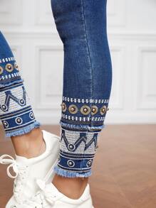 SHEIN LUNE High Waist Geo Print Skinny Jeans - Dark Wash - View 6