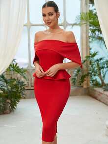 Off Shoulder Ruffle Trim Split Back Peplum Waistband Bodycon Dress - Red - View 3