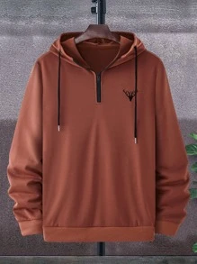 Manfinity Homme Men Deer Embroidery Quarter Zipper Drawstring Hoodie - Rust Brown - View 3
