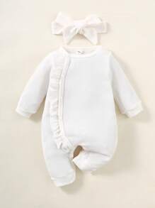 Newborn Baby Waffle Knit Ruffle Trim Jumpsuit & Headband - White - View 1