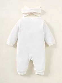 Newborn Baby Waffle Knit Ruffle Trim Jumpsuit & Headband - White - View 2