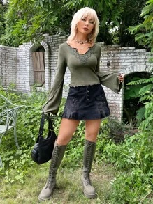 ROMWE PUNK Áo thun Grunge In hoa Ren Mộc nhĩ Tay áo kèn - xanh quân đội - Xem 3