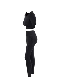 Easithlete 插肩袖寬腰帶鏤空運動套裝 - 黑色 - 查看 5