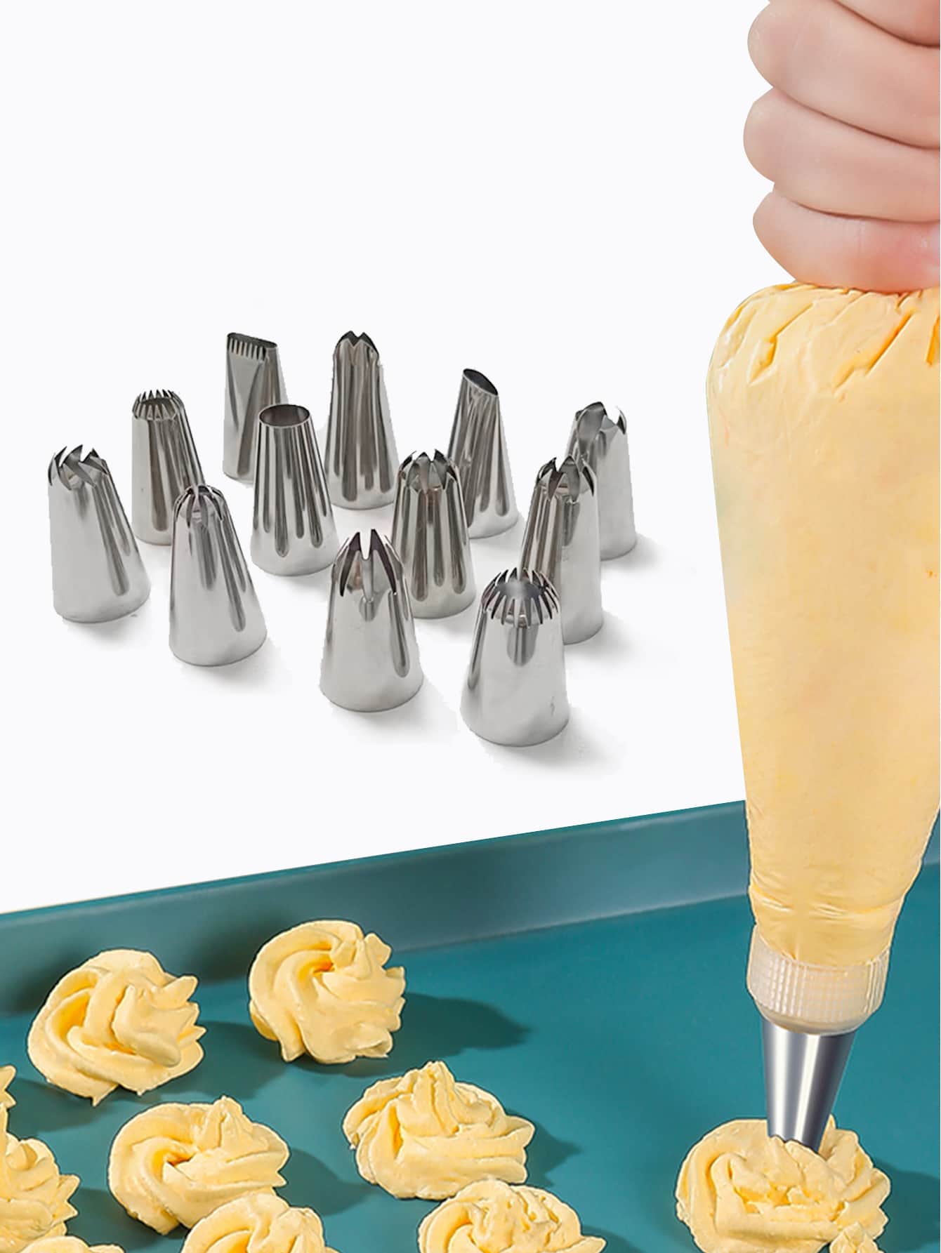 12pcs/set Stainless Steel Piping Nozzle, Silver Piping Tip For Baking - Silver - View 1