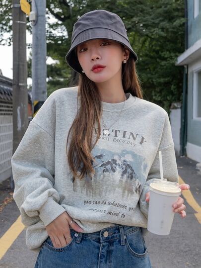 Mountain & Slogan Graphic Drop Shoulder Thermal Pullover,Fall Women Clothes Sweatshirt