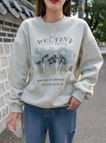 DAZY 山与口号图案落肩保暖套头衫，秋季女装运动衫 - 灰色 - 查看 5