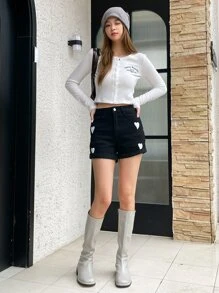 DAZY 字母图案纽扣T恤，秋季女装长袖 - 白色 - 查看 11