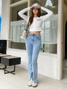 DAZY 字母图案纽扣T恤，秋季女装长袖 - 白色 - 查看 12