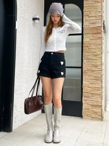 DAZY 字母图案纽扣T恤，秋季女装长袖 - 白色 - 查看 13