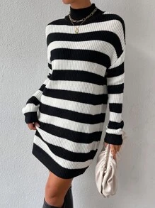 SHEIN Essnce Two Tone Drop Shoulder Jumper Dress Without Belt - Black and White - View 3