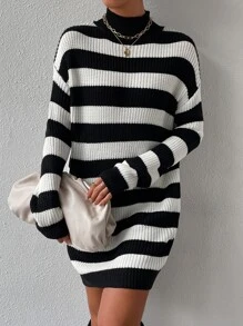 SHEIN Essnce Two Tone Drop Shoulder Jumper Dress Without Belt - Black and White - View 6