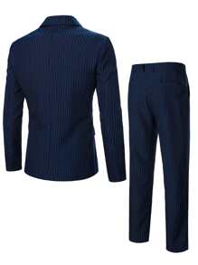 Manfinity Mode Men Double Breasted Striped Blazer & Suit Trousers - Navy Blue - View 2