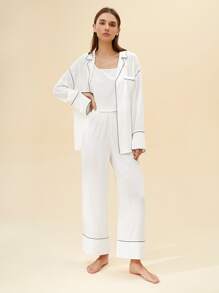 SHEIN 寬鬆顺滑柔軟透氣輕便女性睡衣套裝 - 白色 - 查看 1