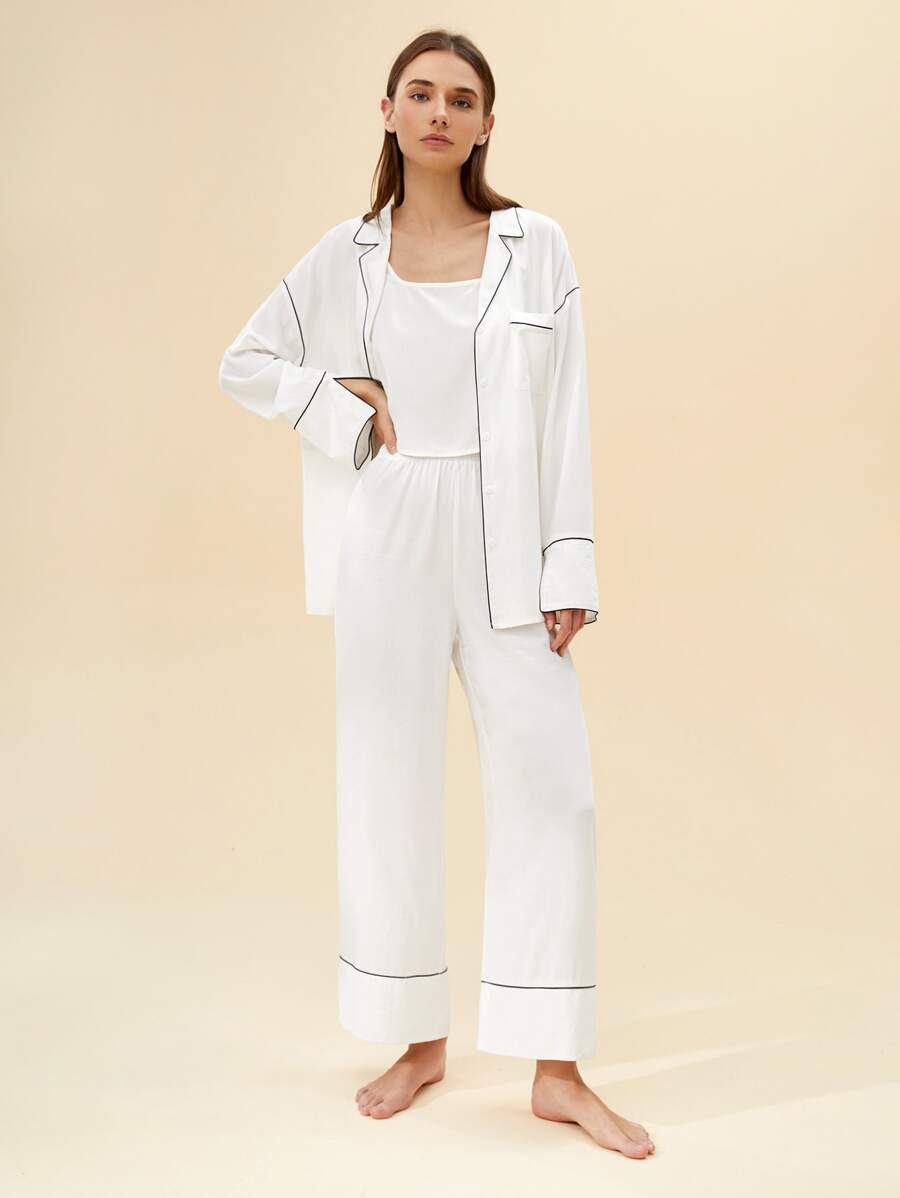 SHEIN 寬鬆顺滑柔軟透氣輕便女性睡衣套裝 - 白色 - 查看 1