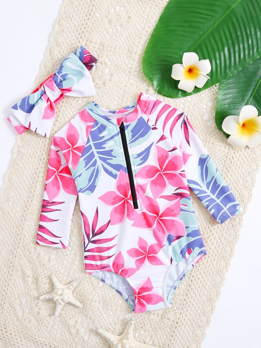 Baby Girl Holiday Style Printed Long Sleeve Zipper Front One-Piece Swimsuit With Hairband, For Summer ,Getaway,Holiday,Travel,Relax,Summer,Holiday - Multicolor - View 1