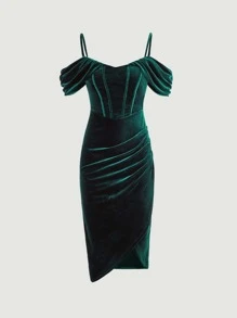 SHEIN Privé Rynkad Omlott Dragkedja Enkel Party Klänning - Mörk Grön - Visa 2