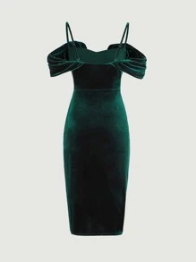 SHEIN Privé Rynkad Omlott Dragkedja Enkel Party Klänning - Mörk Grön - Visa 5