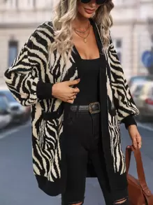 LanaWest Zebra Striped Pattern Drop Shoulder Cardigan,Long Sleeve Tops Fall Winter Cloth For Women - Multicolor - View 3