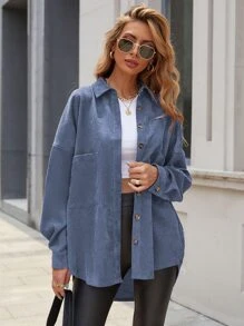 EMERY ROSE Solid Button Front Pocket Detail Corduroy Coat - Blue - View 1