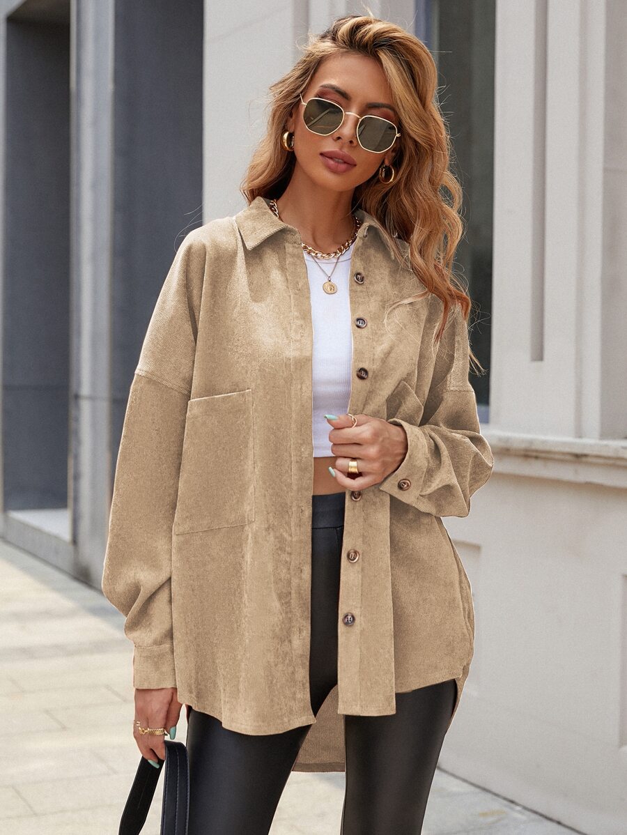 EMERY ROSE Solid Button Front Pocket Detail Corduroy Coat - Apricot - View 1