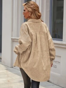 EMERY ROSE Solid Button Front Pocket Detail Corduroy Coat - Apricot - View 2