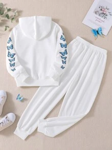 女孩蝴蝶圖案連帽衫和運動褲 - 白色 - 查看 2