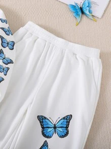 女孩蝴蝶圖案連帽衫和運動褲 - 白色 - 查看 6