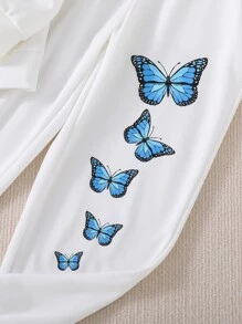 女孩蝴蝶圖案連帽衫和運動褲 - 白色 - 查看 7