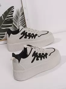 Women Beige Letter Graphic Lace-up Front Sneakers, Sporty Round Toe Low-top Skate Shoes